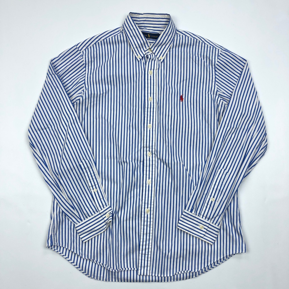 Ralph Lauren Mens Large Blue White Striped Button Down Shirt Long Sleeve Cotton